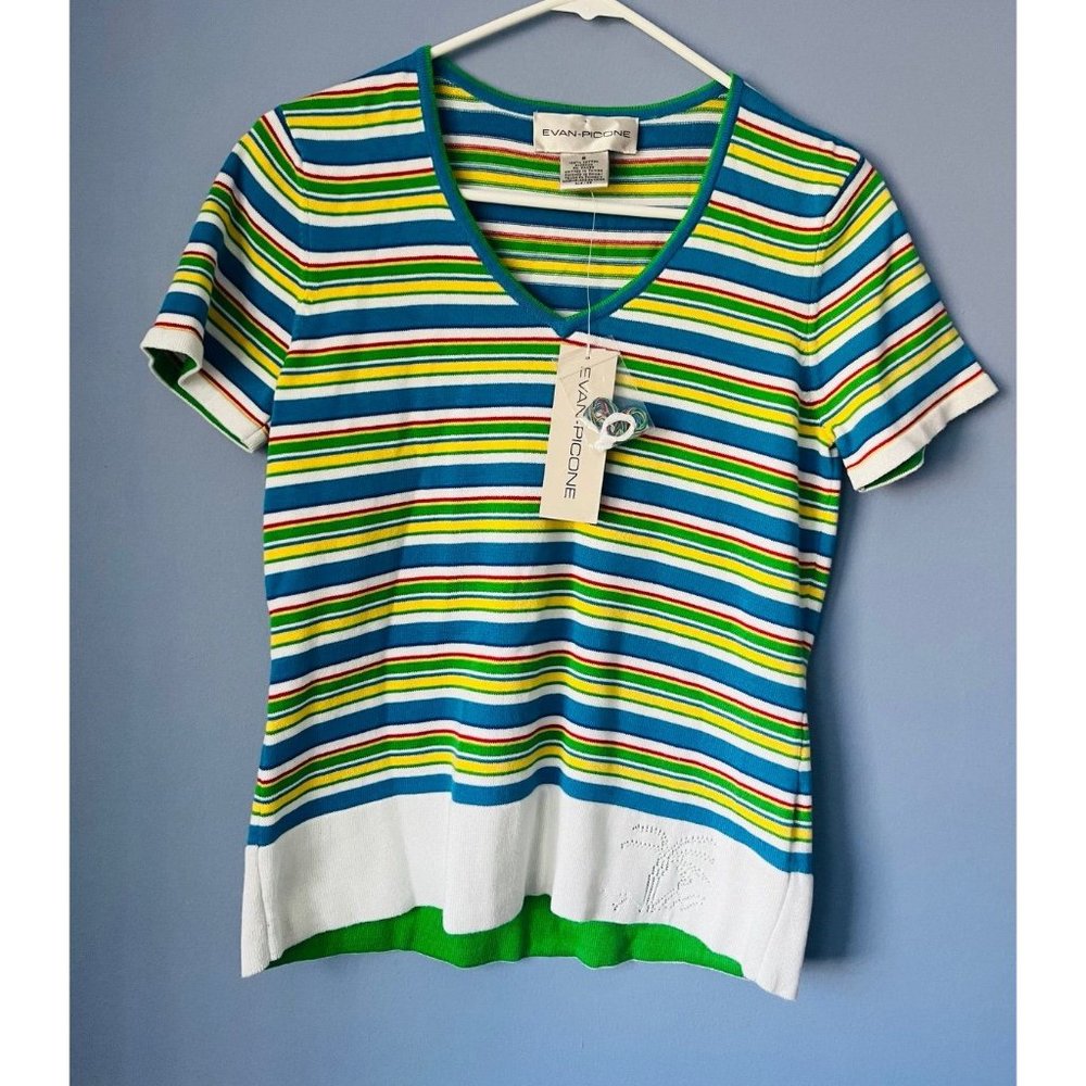 Vintage striped cotton embroidered colorful retro nautical knit v neck tee shirt